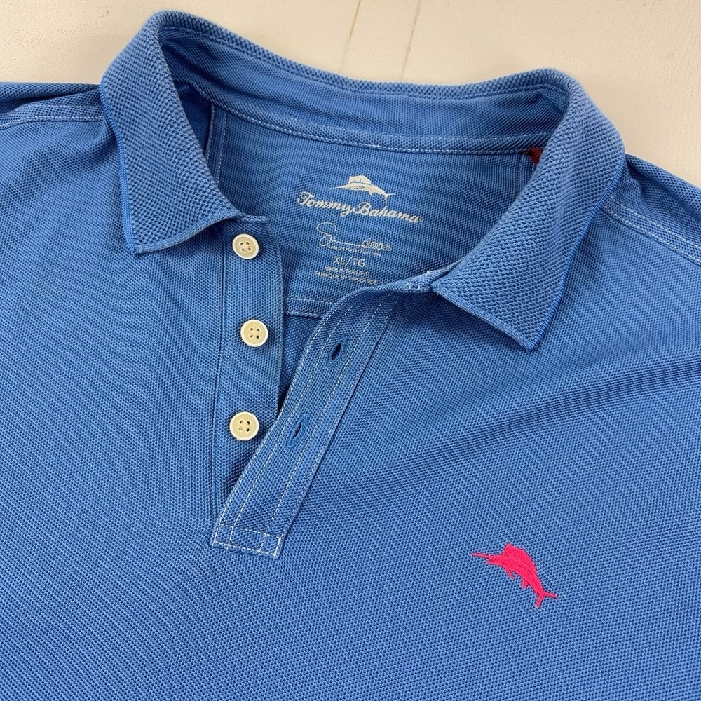 Tommy Bahama Sea Glass Supima Polo Shirt Mens XL Blue Marlin Logo Short Sleeve